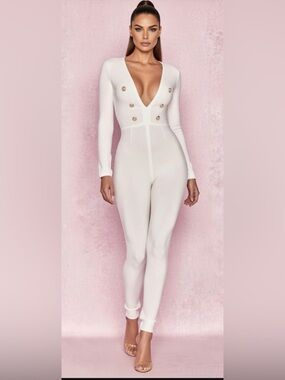 House of CB ‘ALANA’ Ivory Long-Sleeve Deep V Jumpsuit with Gold Buttons $289